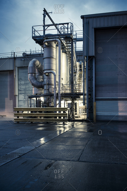 Yorkshire, England, UK - October 29, 2012: Exterior of industrial plant at dusk