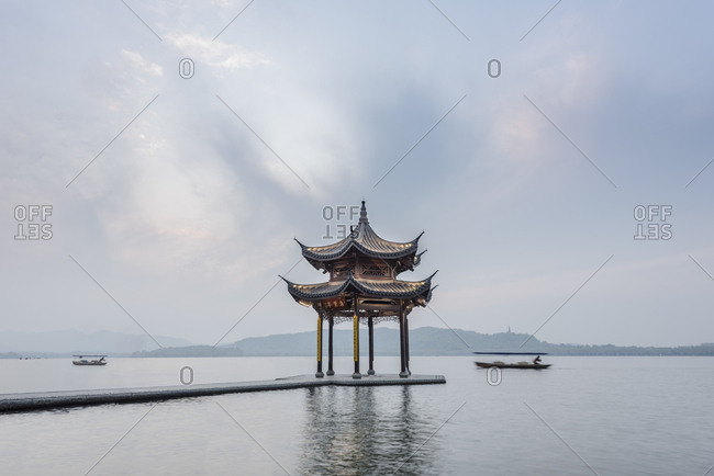 People at the pagoda on the West Lake, the big tourist attraction of  Hangzhou in China