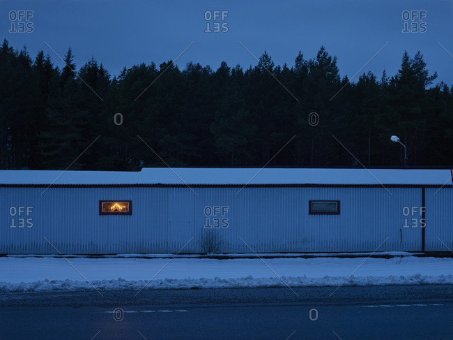 Warehouse at dusk in winter