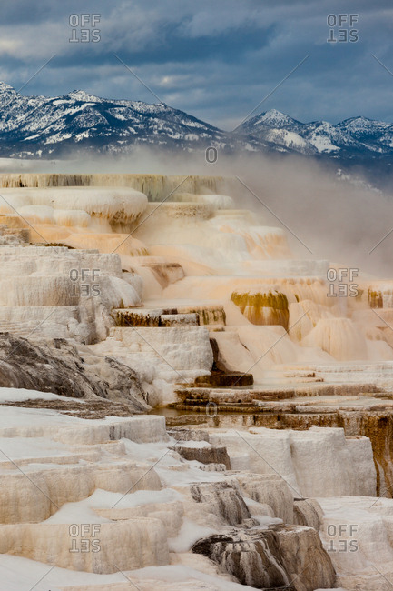 A view of the colorful travertine terraces of Canary Spring of Mammoth Hot Springs