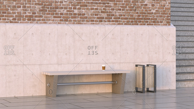 Takeaway coffee on bench next to waste bin- 3d rendering