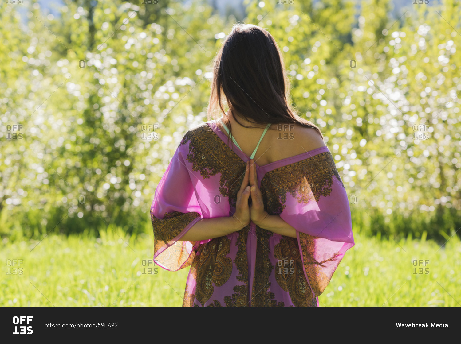 Rear view of woman doing reverse prayer pose in forest on a sunny day