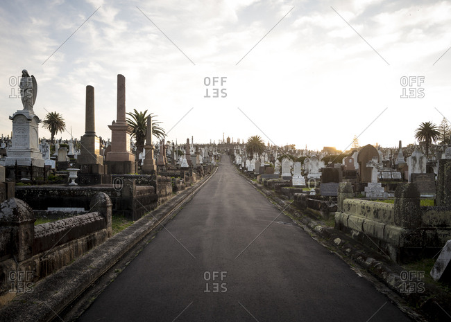 Sydney, Australia - May 23, 2017: Sunset over Waverly Cemetery