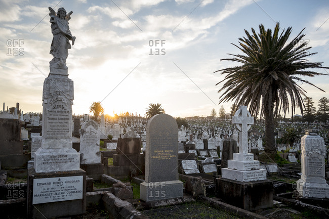 Sydney, Australia - May 23, 2017: A sunset over Waverly Cemetery