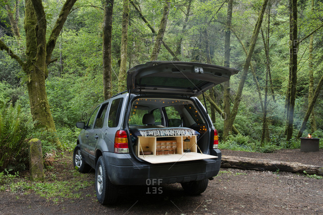 Sports utility vehicle parked at campsite in forest