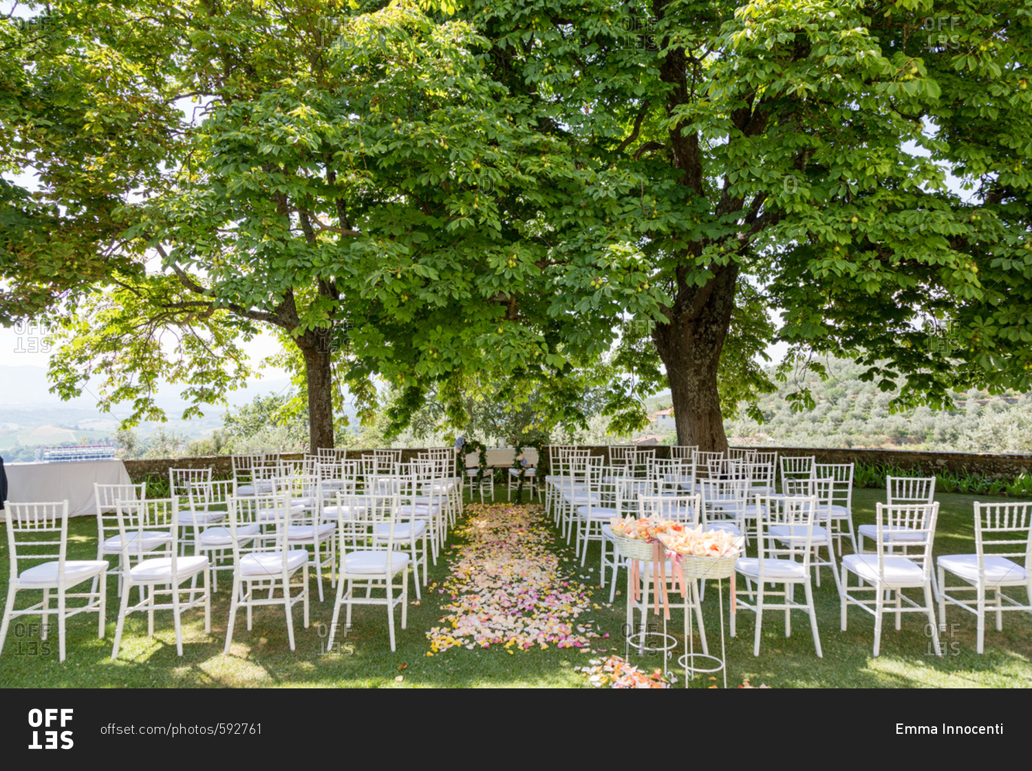 Wedding ceremony setting in Italian garden under tress