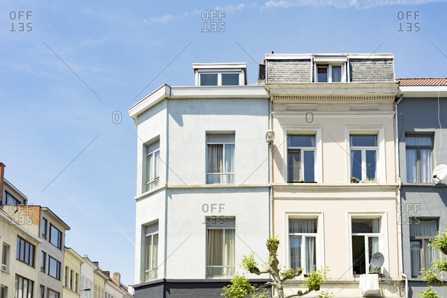 Antwerp, Belgium - June 1, 2017: Exterior of apartment buildings in Antwerp, Belgium