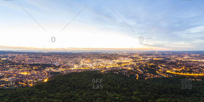Germany- panoramic view of lighted Stuttgart at twilight