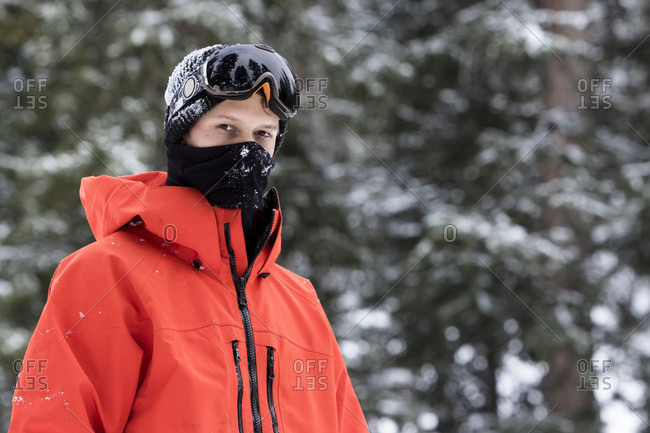 Brighton, Utah, USA - December 13, 2014: Portrait of a snowboarder wearing a face mask at brighton resort, utah