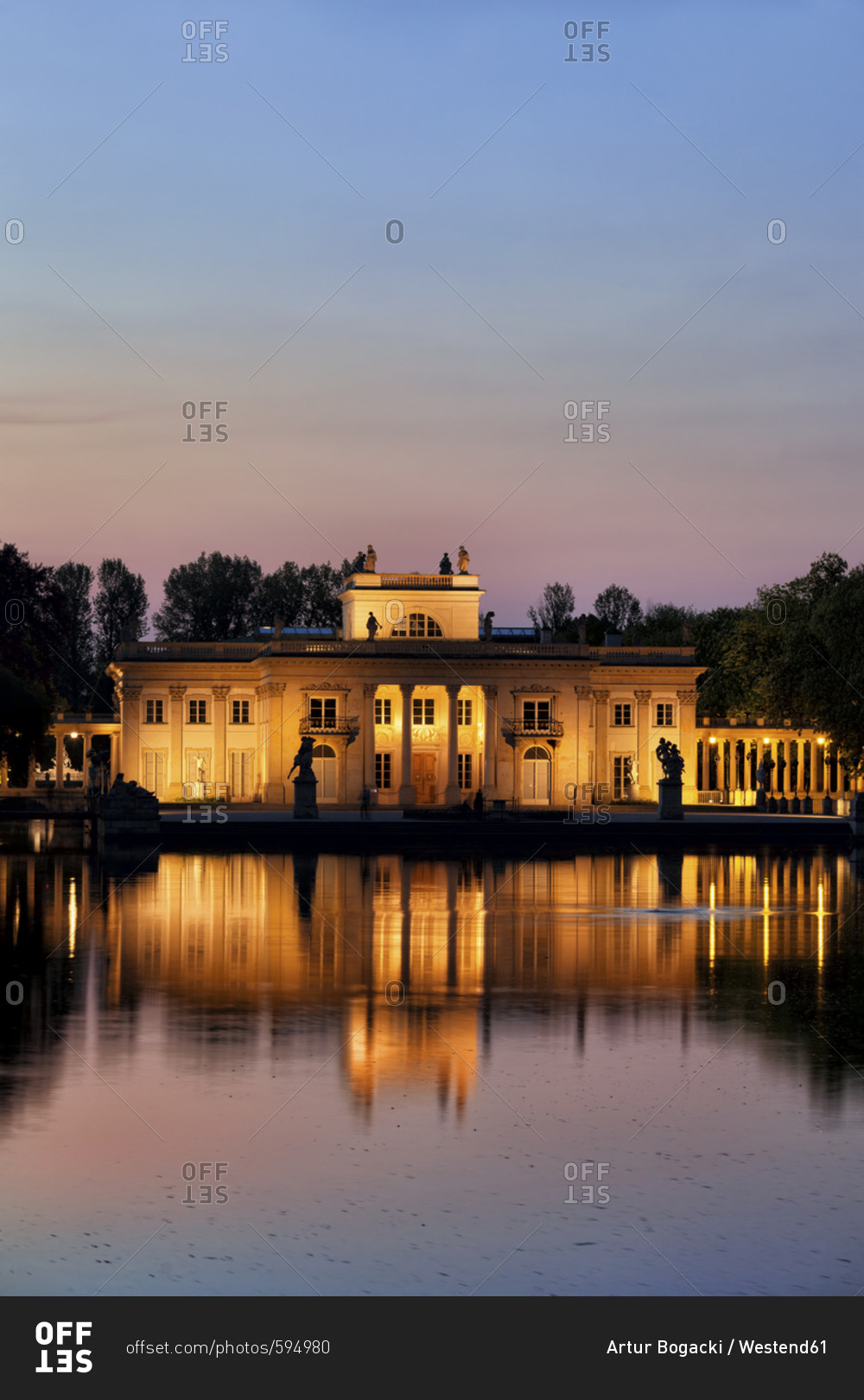 Poland Warsaw Royal Lazienki Park Palace On The Isle At Twilight With Reflection On Water