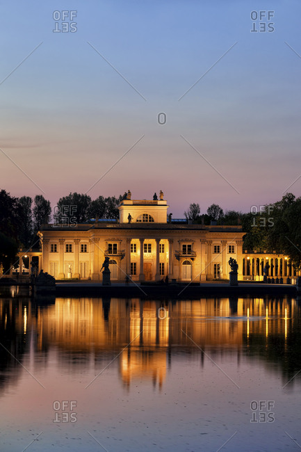 Poland- Warsaw- Royal Lazienki Park- Palace on the Isle at twilight with reflection on water