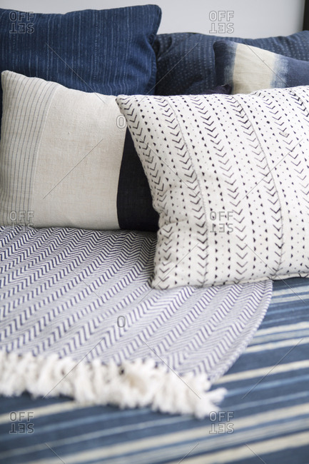 Pillows on a blue sofa