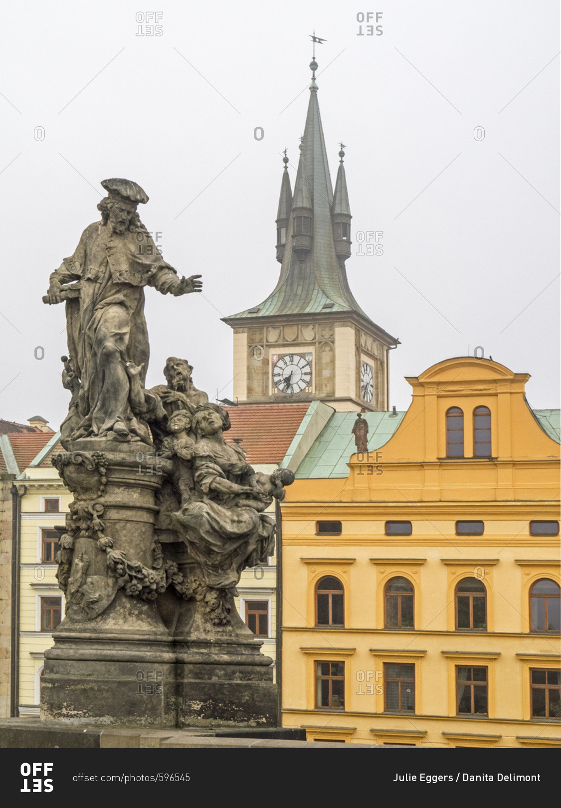 Czech Republic, Prague. Statue on the Charles bridge with the clock ...