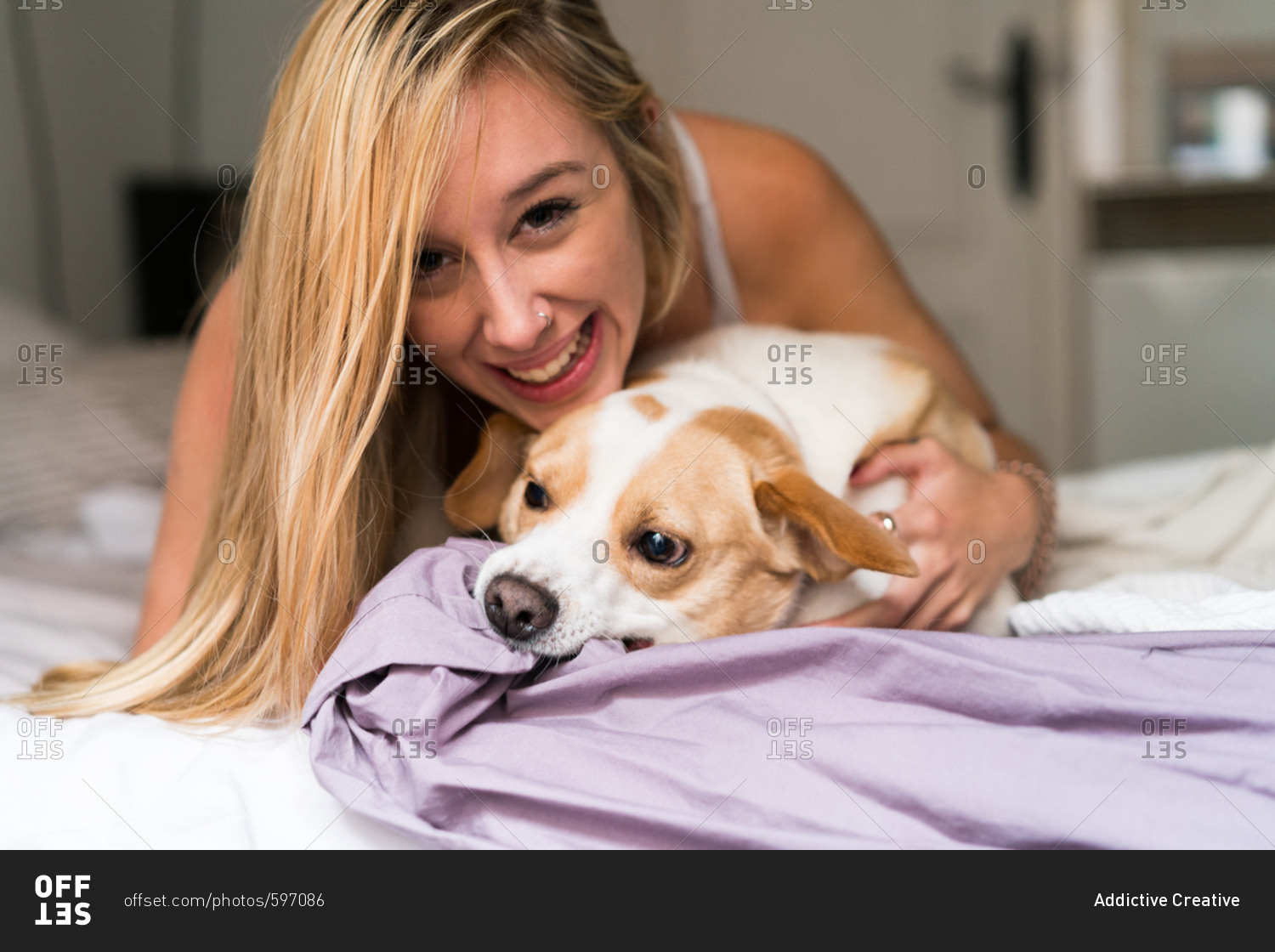 Sexy young woman at home playing with her dog stock photo - OFFSET Sexy young woman at home playing with her dog stock photo - OFFSET