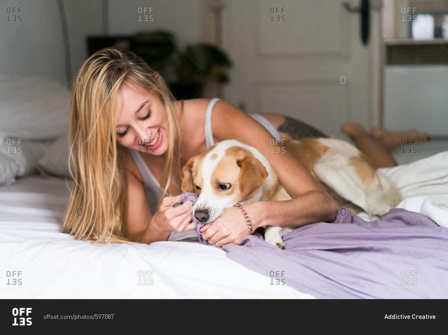 Sexy young woman at home playing with her dog stock photo - OFFSET