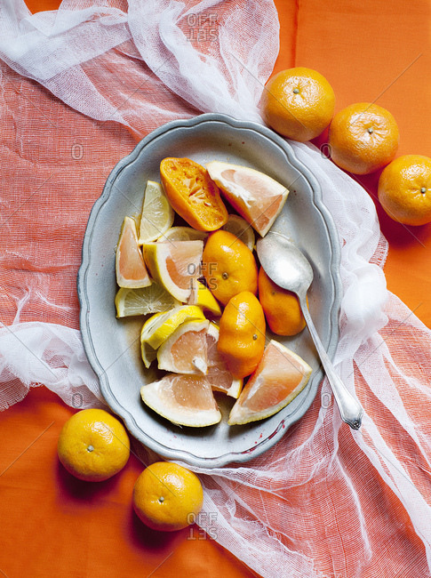 Dish of sliced pink grapefruit, lemon, orange and tangerines