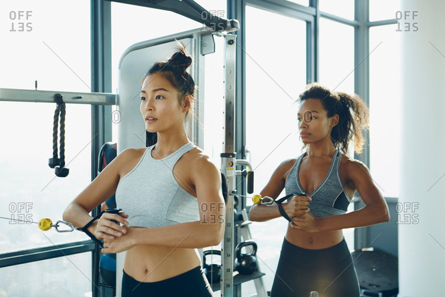 Two young women working out in gym, using gym equipment