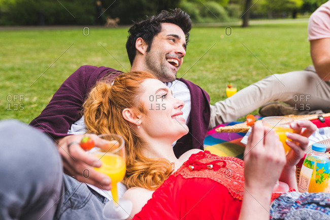 Group of friends relaxing on picnic blanket, in park