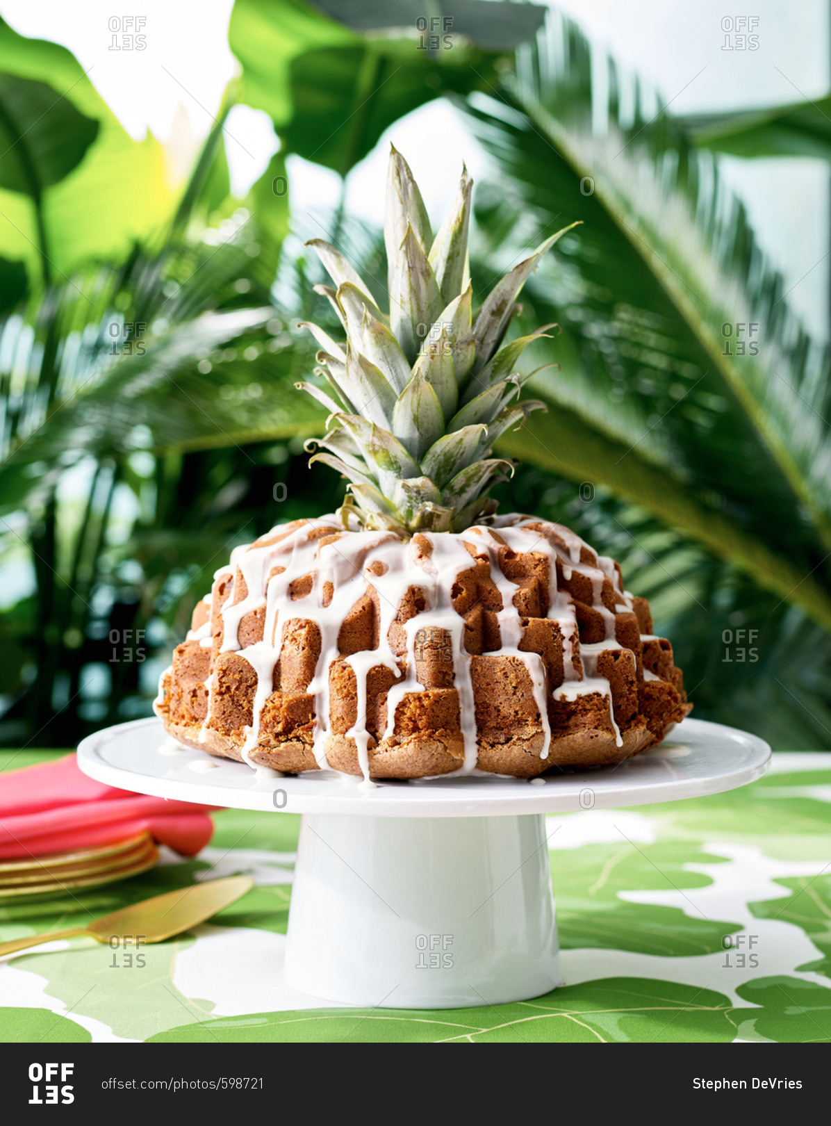 Tropical cake with pineapple top in center