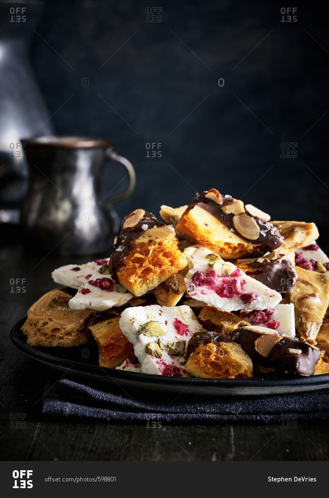 Variety of brittle candies on plate