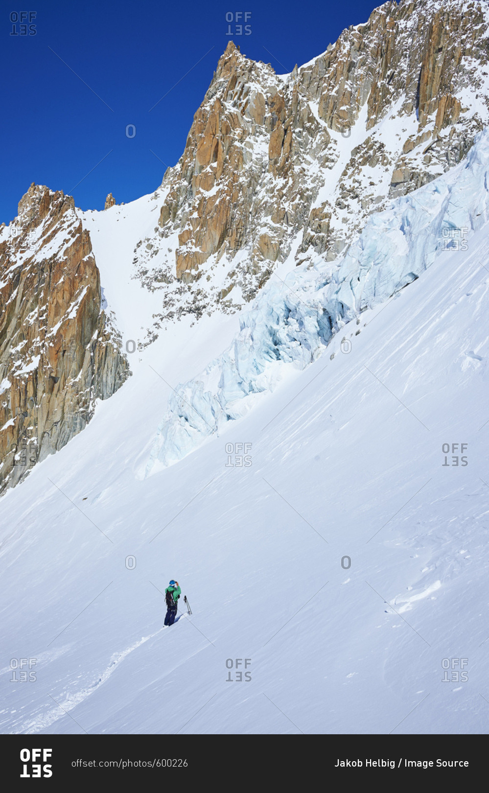 Lone male skier on Mont Blanc massif, Graian Alps, France