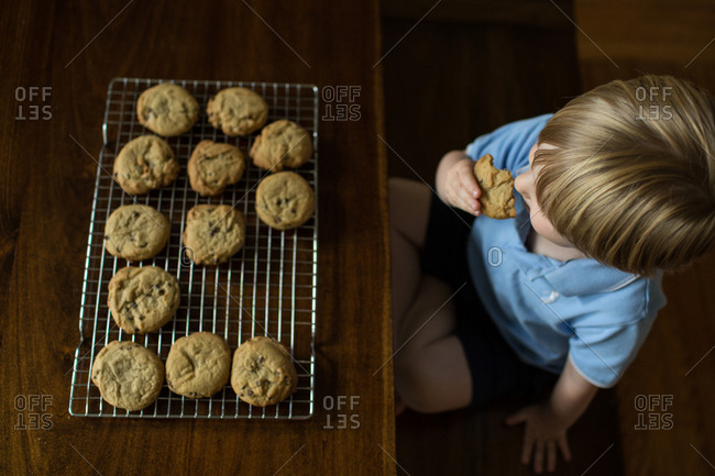 Boy grabbing cookie from cookie rack