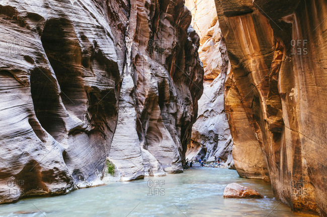 Famous hike in the Narrows, Virgin river, Zion Canyon National Park, Utah, USA