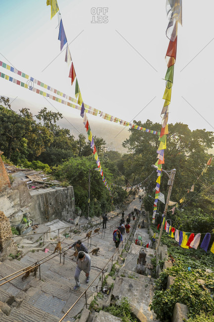 Kathmandu, Kathmandu Valley, Nepal - November 1, 2015: Kathmandu Valley climbing up to Monkey Temple (Swayambhunath)