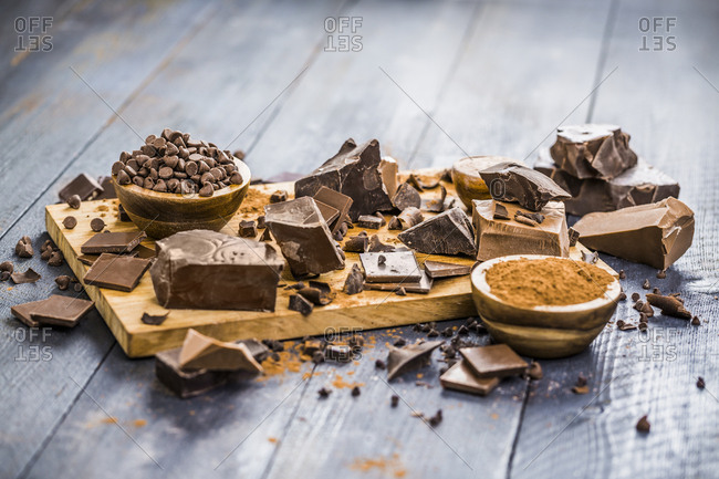 Various chocolate pieces on cutting board