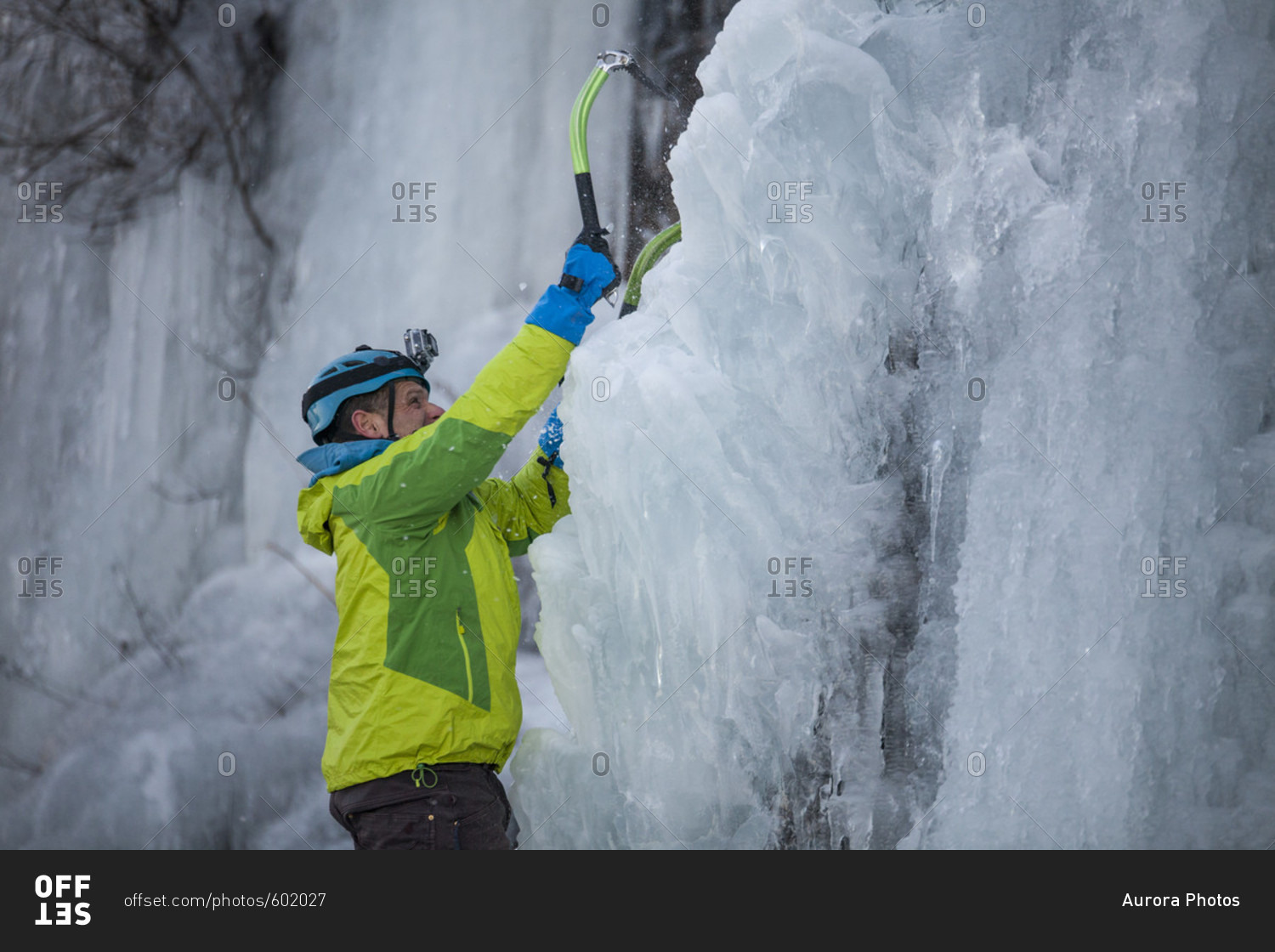 Ice climbing at the Trojan Horse, a roadside ice flow near Harrison Hot Springs, British Columbia, Canada