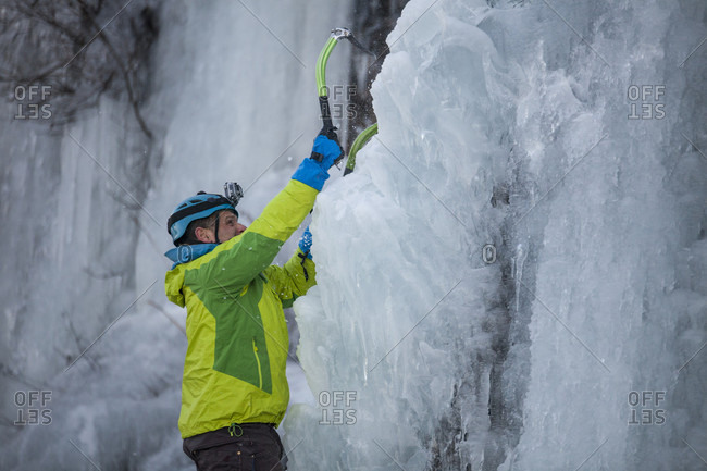 Ice climbing at the Trojan Horse, a roadside ice flow near Harrison Hot Springs, British Columbia, Canada