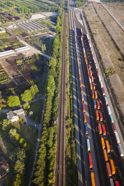 Aerial photograph of a rail corridor in Pitt Meadows, British Columbia, Canada