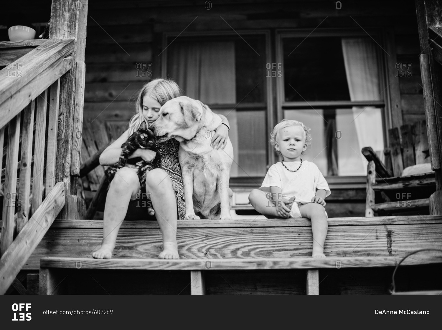 Kids sitting on front porch with cat and dog stock photo - OFFSET