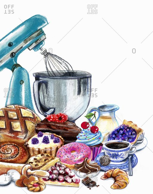 Variation of pastries and sweets and mixer