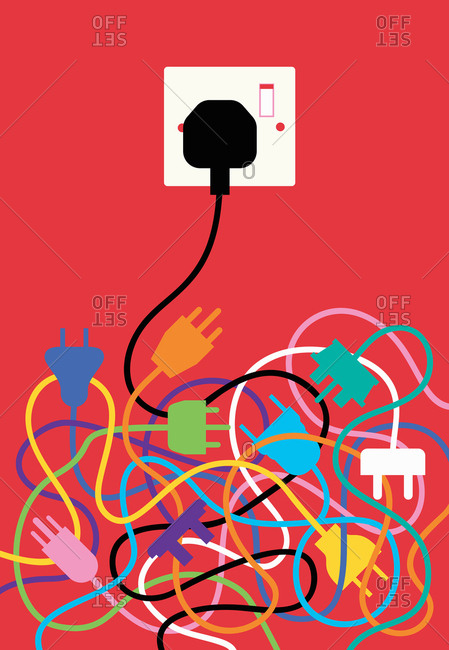 Tangled cables with one plug fitting in socket