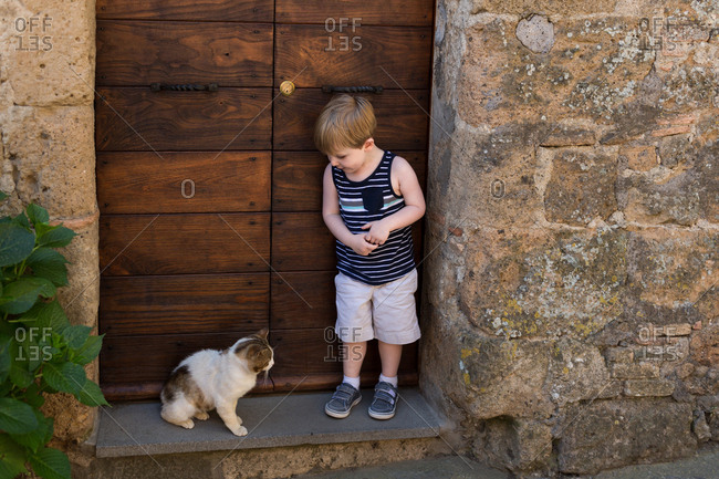 Boy meets stray cat