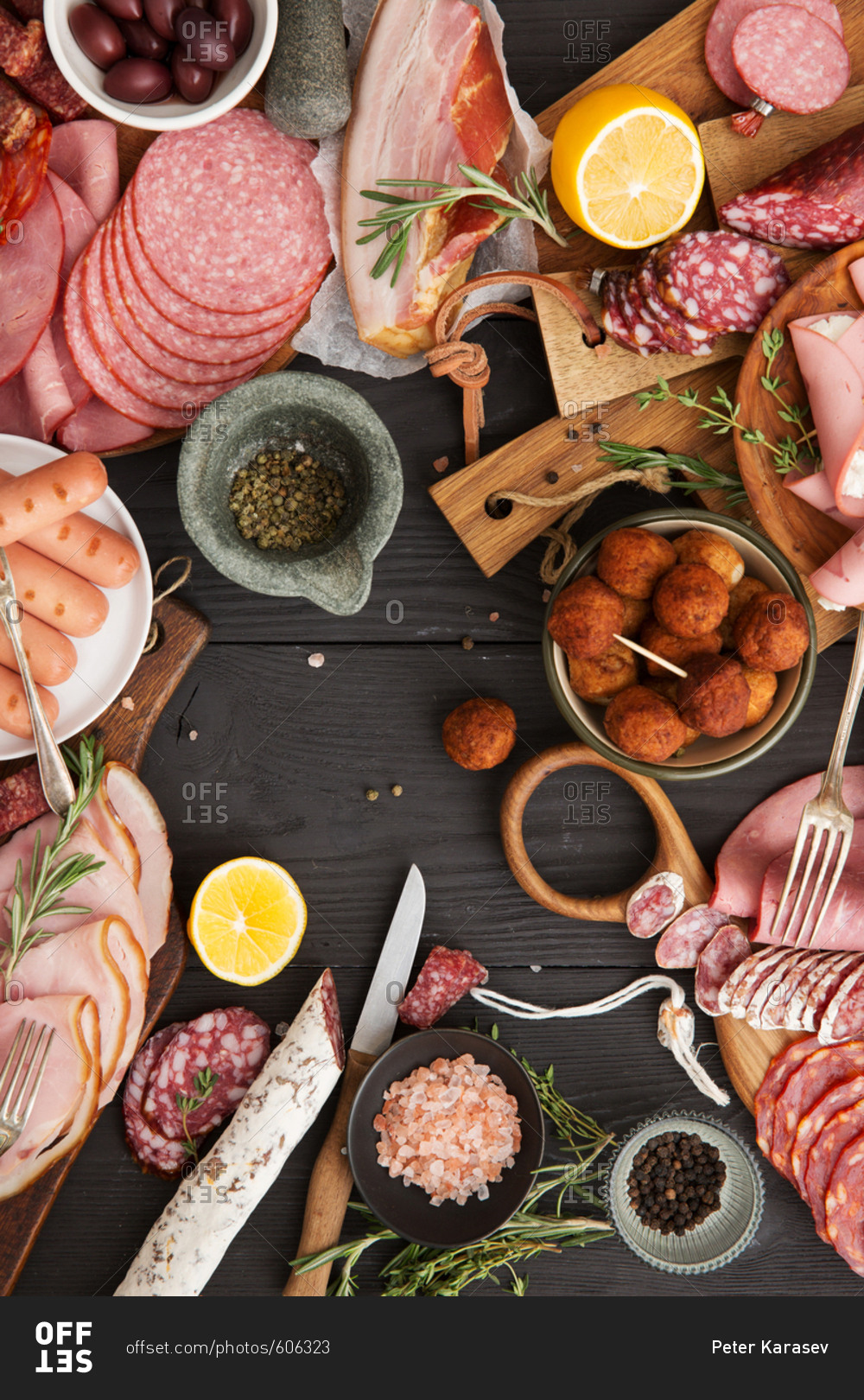 Arrangement of cured meats on table