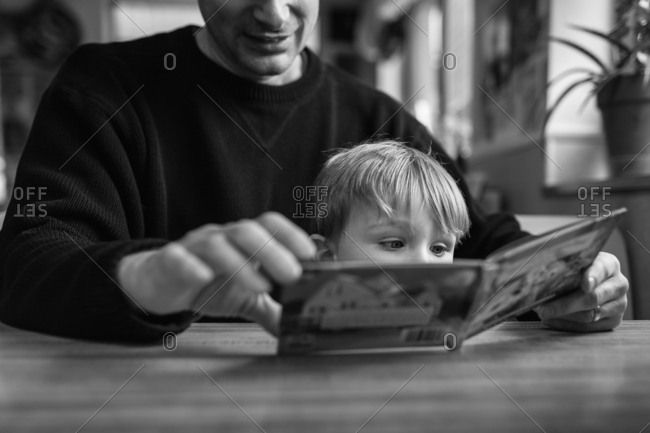 Father reading book to son