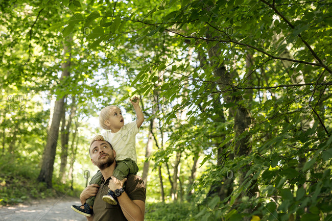 Father carrying son (2-3) on shoulders