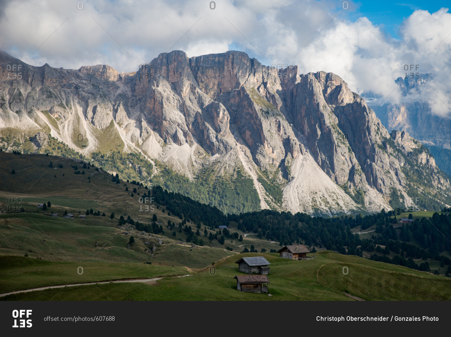 Italy, Val Gardena - September 12, 2015: The landscape is breathtaking at the Val Gardena in Southern Tyrol in Italy. The mountain range and rocky landscape are part of the Dolomites, which are also known as the Southern Limestone Alps