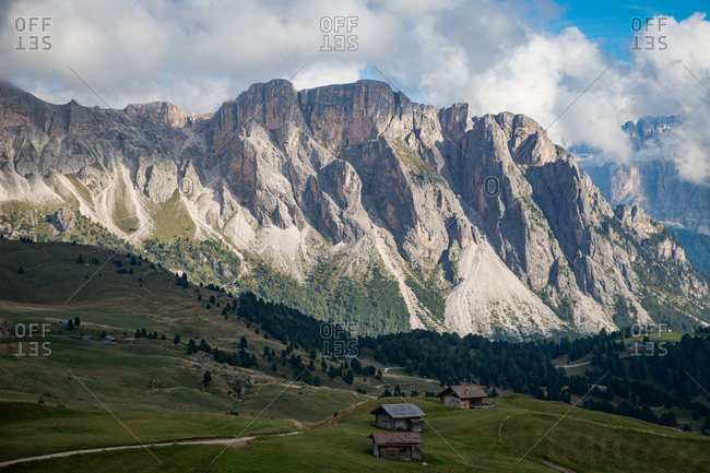 Italy, Val Gardena - September 12, 2015: The landscape is breathtaking at the Val Gardena in Southern Tyrol in Italy. The mountain range and rocky landscape are part of the Dolomites, which are also known as the Southern Limestone Alps