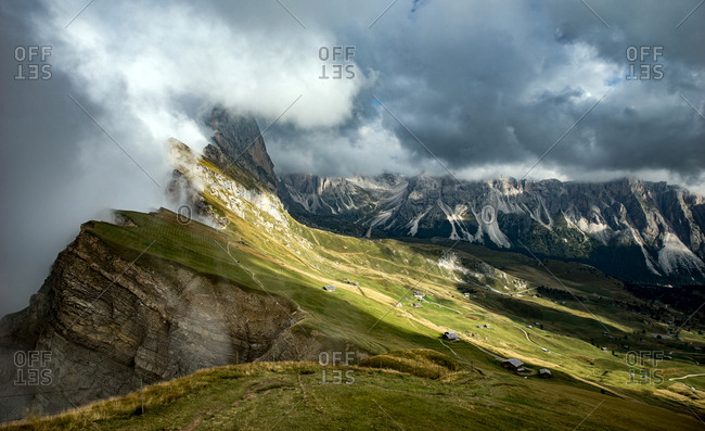 Italy, Val Gardena - September 12, 2015: The landscape is breathtaking at the Val Gardena in Southern Tyrol. The mountain range and rocky landscape are part of the Dolomites, which are also known as the Southern Limestone Alps. Here the Geislerspitzen of the Geisler Group