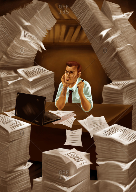 Businessman with heap of papers, illustration