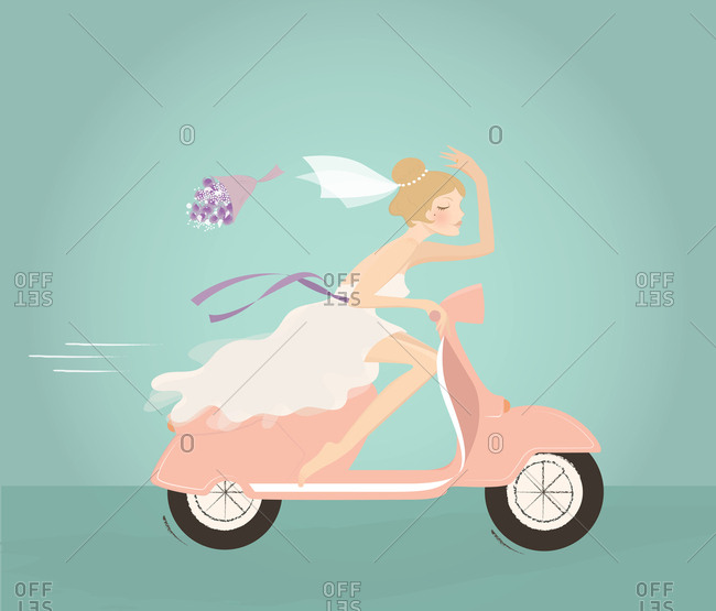 Illustration of bride throwing bouquet