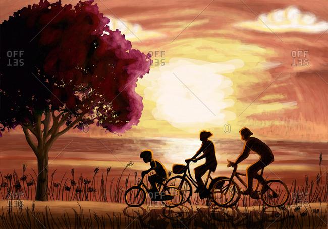 Illustration of family riding bicycle at beach during sunset
