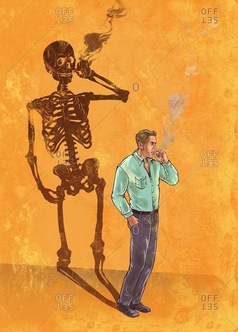 Illustration of man smoking cigarette with skeleton shadow
