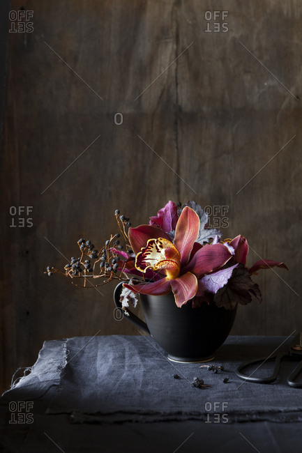 Autumnal flowers, orchids and succulents in vase