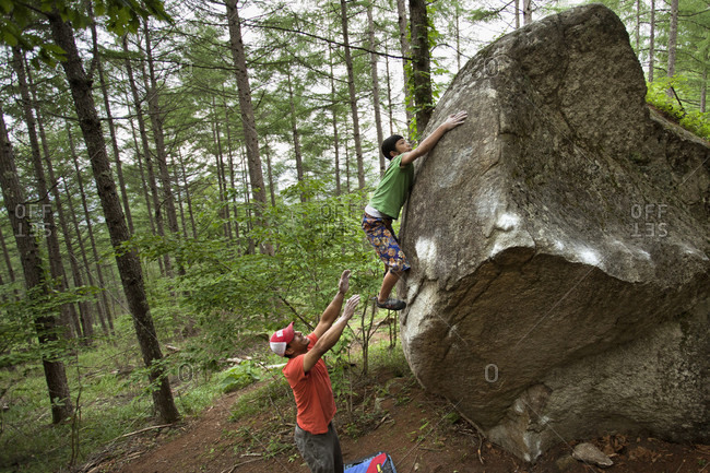 June 26, 2012: Ashman Shiraishi Climbing On Boulder In The Forest Of Yamanashi Prefecture, Japan