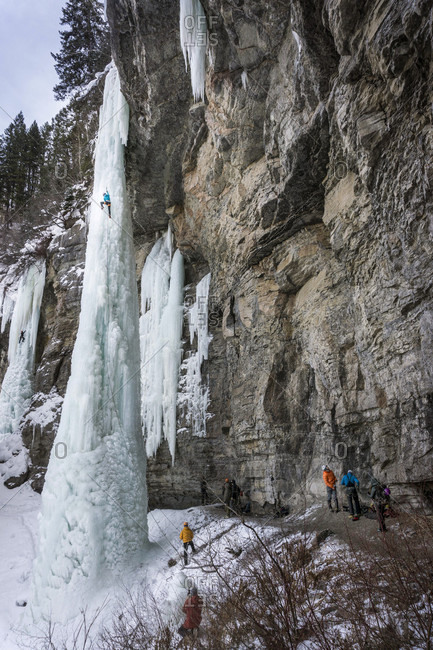 January 23, 2016: Distant View Of A Ice Climbing The Fang Near Vail, Colorado
