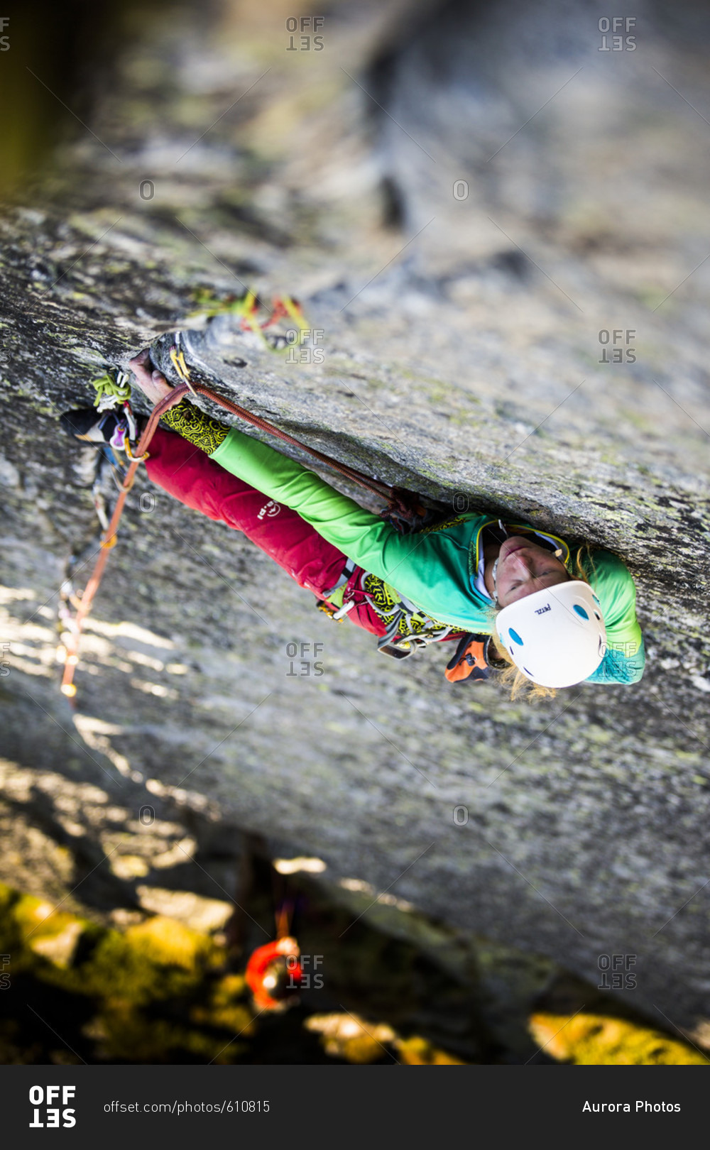 August 31, 2016 Female climber on difficult climbing Route in Tatra